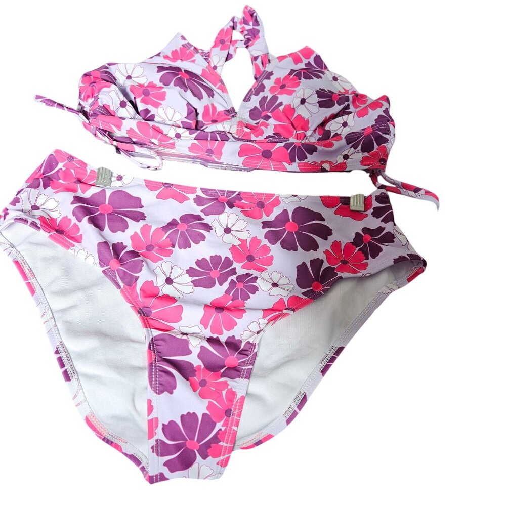 Two-Piece Floral Halter Bikini Swimsuit XL Pink & Purple Polyester/Elastane